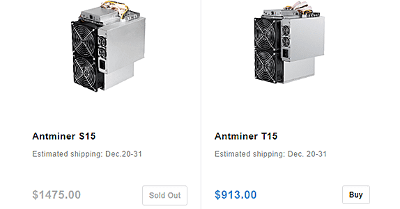 Prices for ASICs ANTMINER S15 and T15