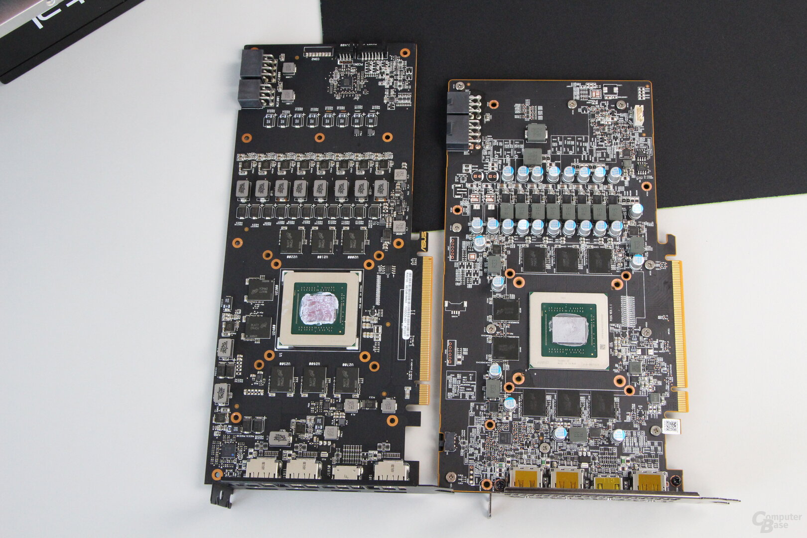 The PCB of the Asus TUF (left) and PowerColor Red Dragon (right)