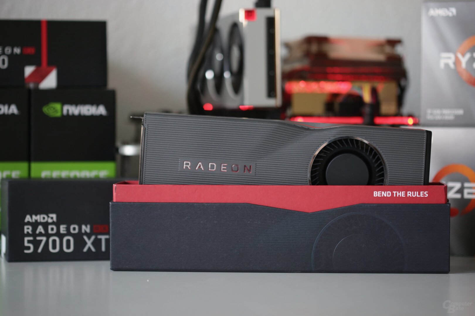 The Radeon RX 5700 XT with the dent in the reference cooling system