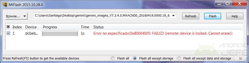 El  bootloader bloqueado no permite instalar o flashear la ROM stock  con el programa MiFlash