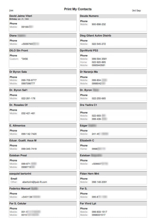 Lista de contactos en PDF, creado con la aplicación "Imprimir mis contactos"