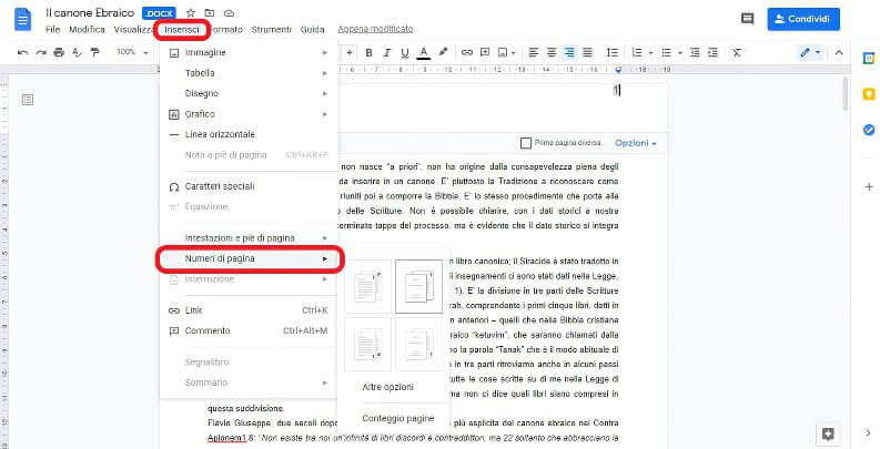 number pages on google documents