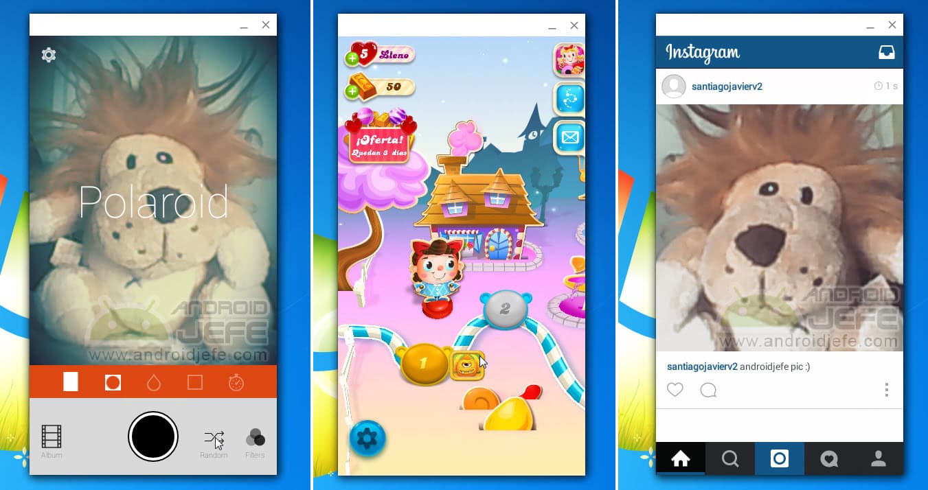 Aplicaciones Android Retrica, Candy Crush Soda e Instagram corriendo en Google Chrome 41 (Windows 7)