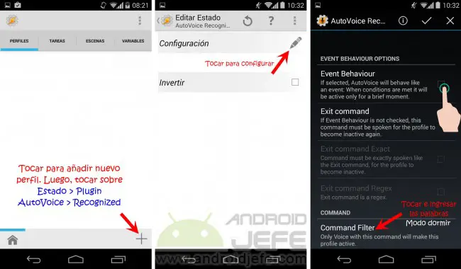 Creating the profile in Tasker and configuring the voice command "sleep mode" en AutoVoice 2.0.26