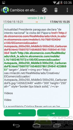 Detail of changes in a web page.  Content removed in red and content added in green.