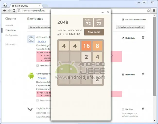 2048 android game running in google chrome browser