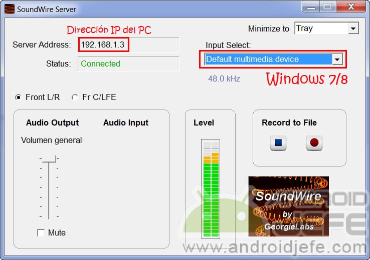 SoundWire Server PC exitosamente conectado. Audio sonando en el dispositivo Android.