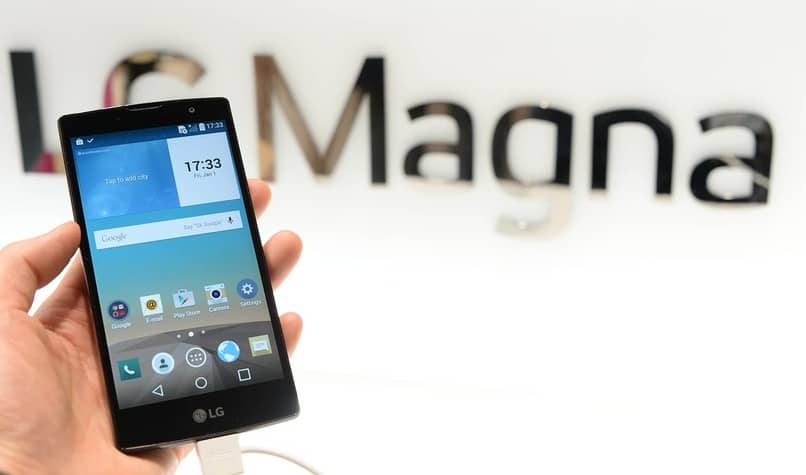 lg mobile with magna logo behind