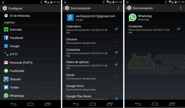 Check or uncheck the application box to enable or disable synchronization.  Android 4.4.4, Moto G Second Generation.