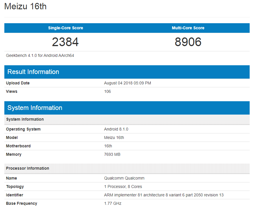 Meizu 16 spotted on Geekbench