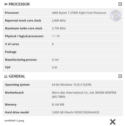AMD Ryzen 7 2700E - specification in the 3DMark database