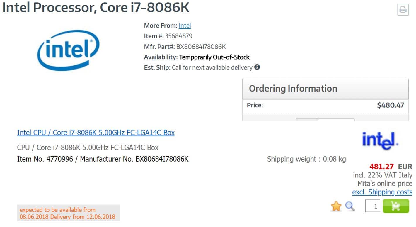 The unique Intel Core i7-8086K has appeared in the store's offer