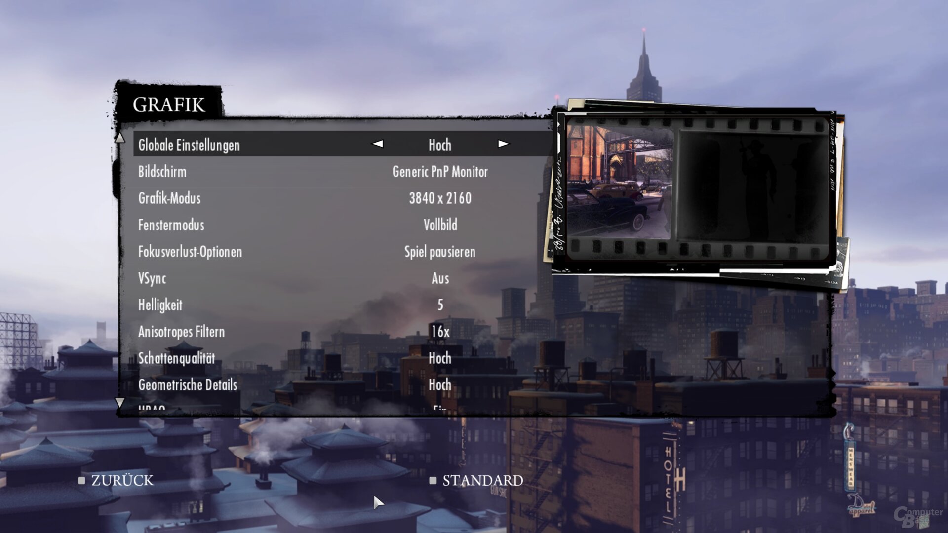The graphics menu of Mafia 2 Definitive Edition
