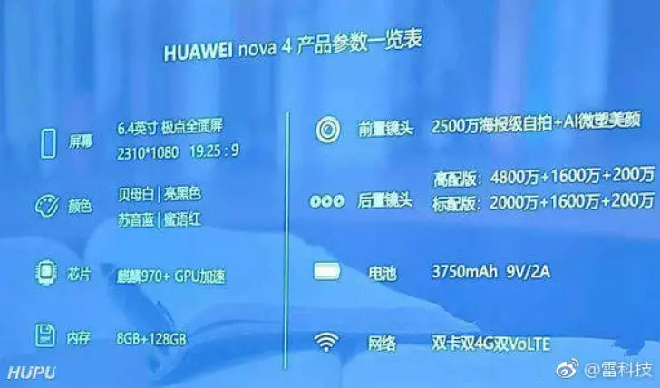 Huawei Nova 4, specyfikacja Huawei Nova 4, parametry Huawei Nova 4, procesor Huawei Nova 4