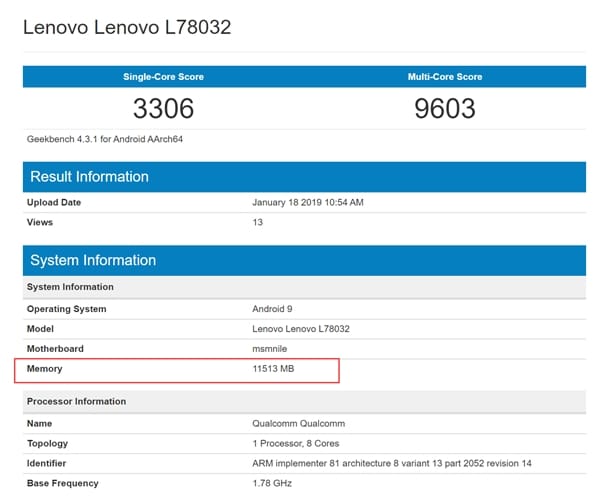 Lenovo Z5 Pro GT tested in Geekbench