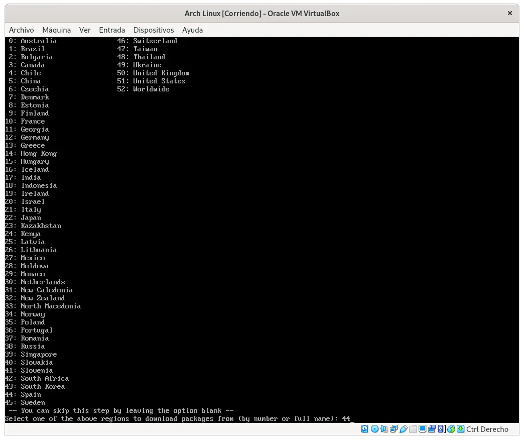 Setting the region in Arch Linux installation with archinstall