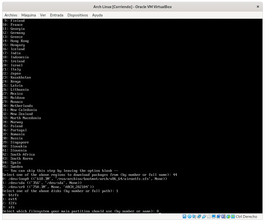 Setting the filesystem format for Arch Linux installation with archinstall