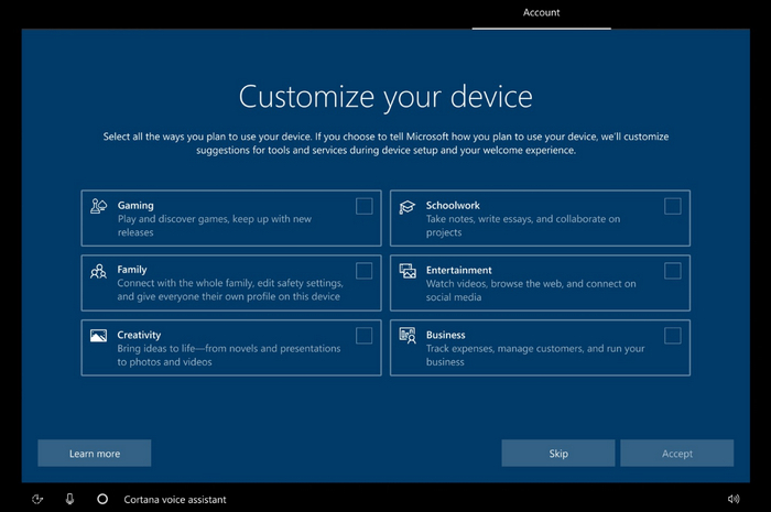 Windows 10 will ask the user for what purpose the computer is being used