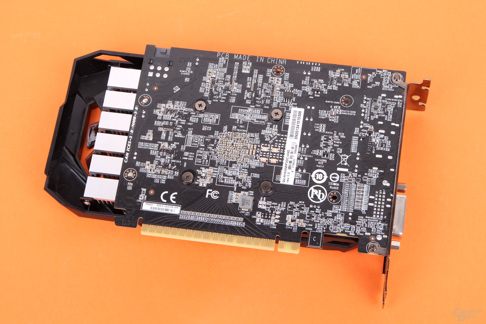 The back of the Gigabyte GeForce GTX 1650 GDDR6 WindForce OC in the test