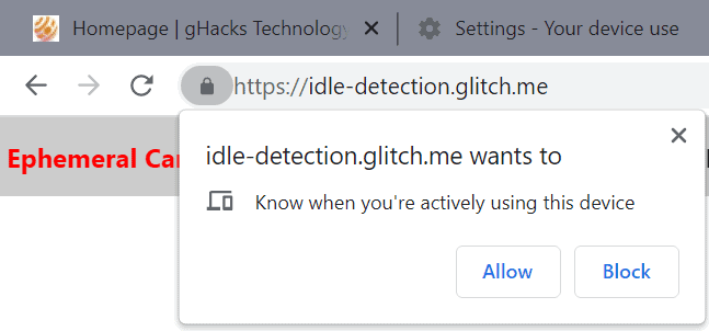 indicador de API de detección inactiva de Chrome