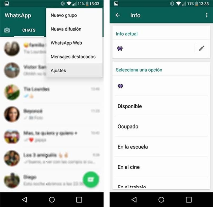WhatsApp application status settings on a cell phone