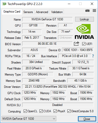 ASUS GeForce GT 1030 2GB Phoenix Fan OC Edition