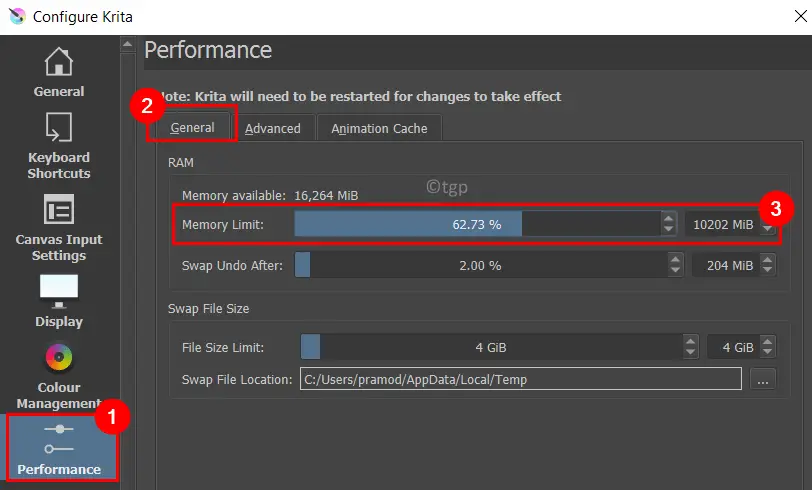 Set the minimum limit for Krita performance RAM