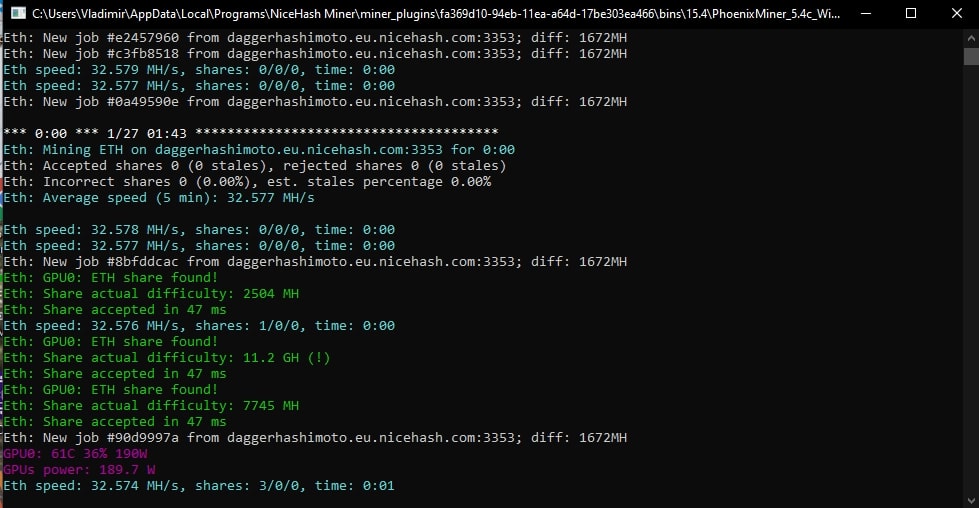 Лог PhoenixMiner_5.4c на 1080 TI без таблетки и разгона