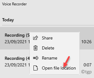 Voice Recorder Application Left Side Recording Right Click Open File Location