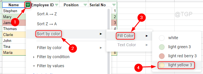 Sort by fill color Google Sheets Min.