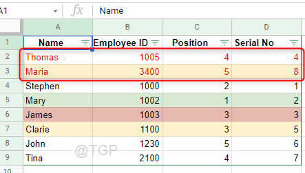 Sorted by text color Google Sheets