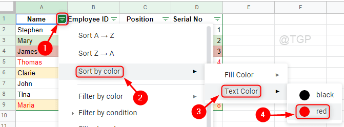 Sort by text color Google Sheets Min.