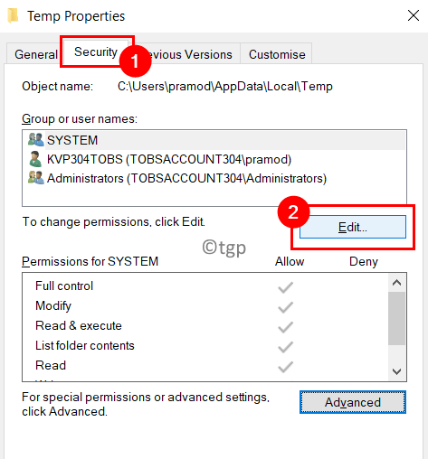 Temp Properties Security Edit Select User Min.