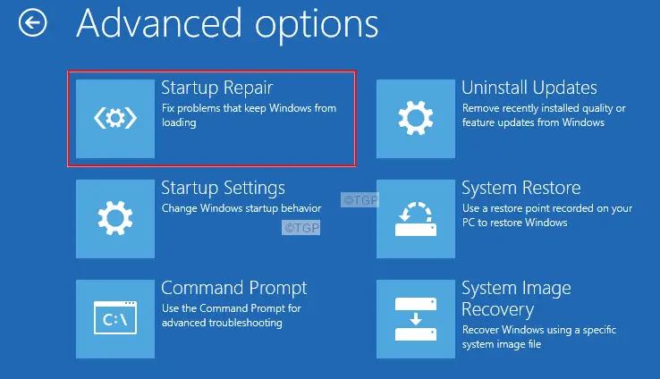 Advanced Options Startup Repair Startup Settings Command Prompt
