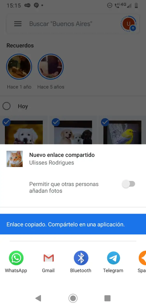 Screenshot of how to share a new link on Google Photos