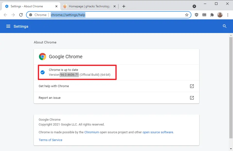 actualización de seguridad de Chrome 94.0.4606.71