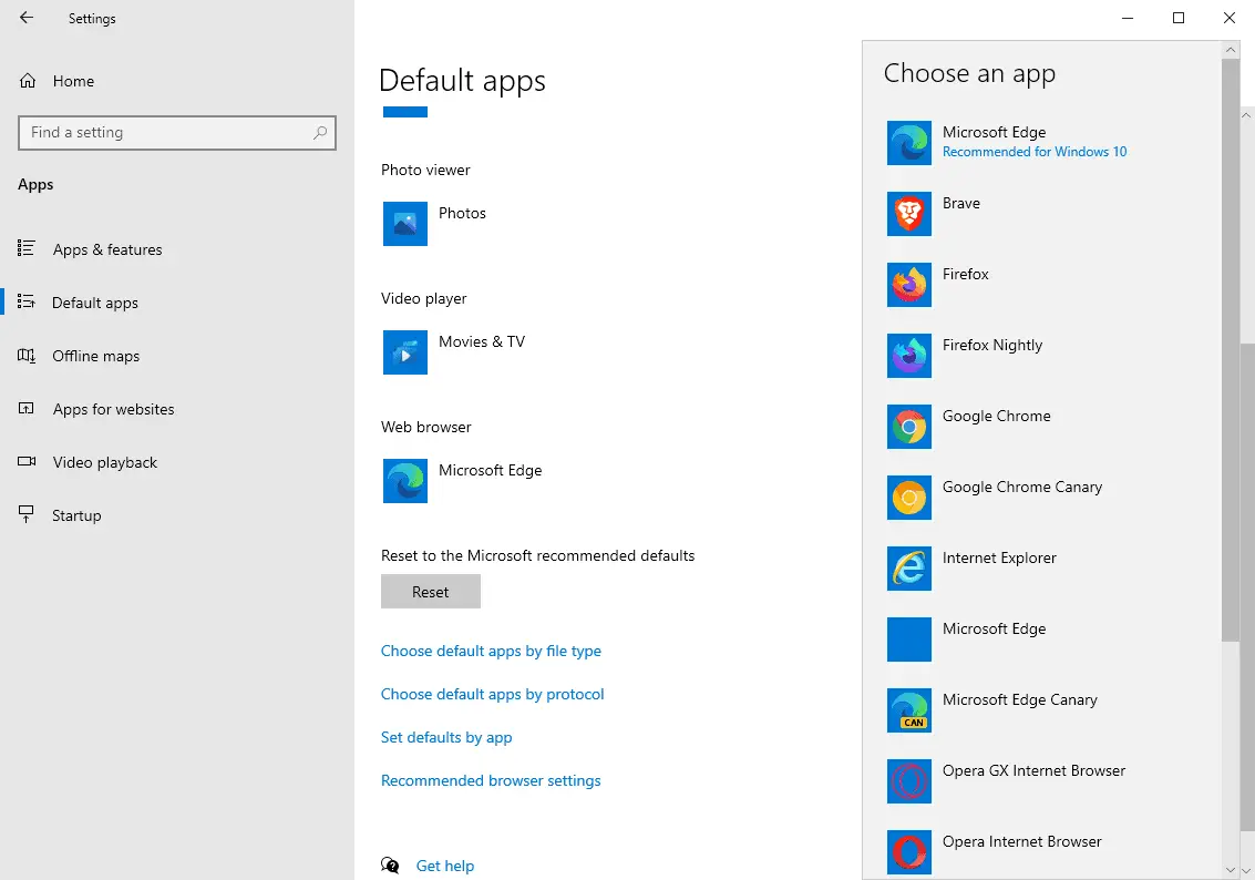 Windows 10 sets default apps