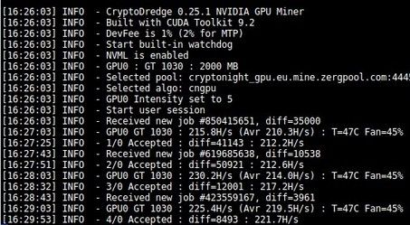 Nvidia GT1030 using the CryptoDredge miner