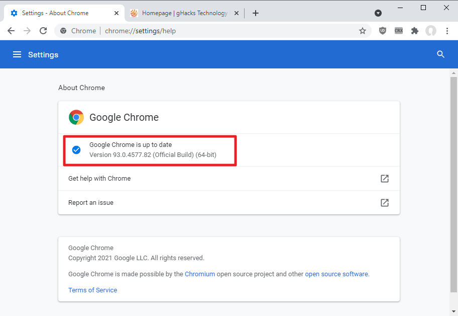 actualización de seguridad de google chrome 93.0.4577.82
