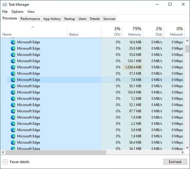 Procesos de Microsoft Edge de Windows 10