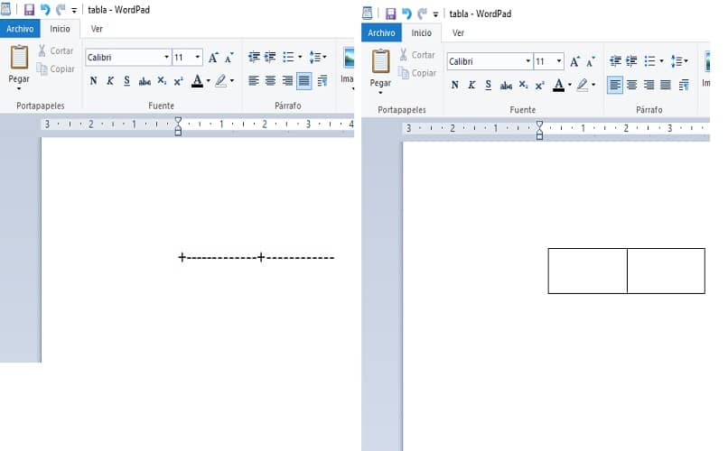 image that shows how to create a table with the keyboard in wordpad