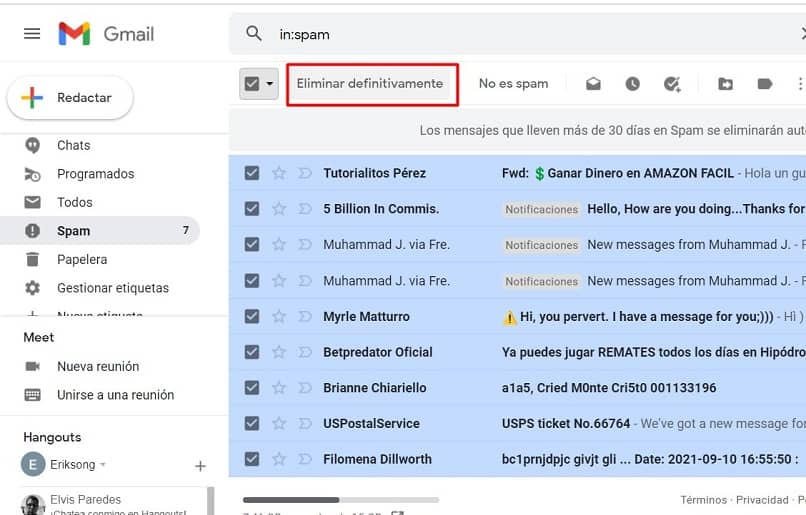 selection to delete group of spam messages in gmail