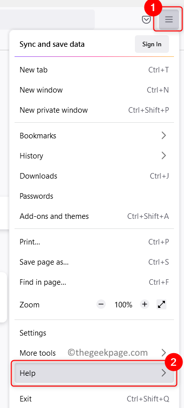 Firefox settings Help menu Min.