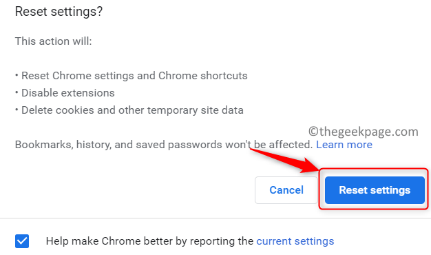 Chrome reset confirmation minimum