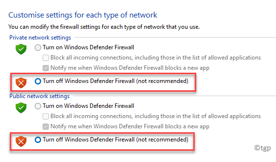 Customize settings Private network settings Enable or disable Windows Defender Firewall Public network settings Enable or disable Windows Defender Firewall Ok Min Min