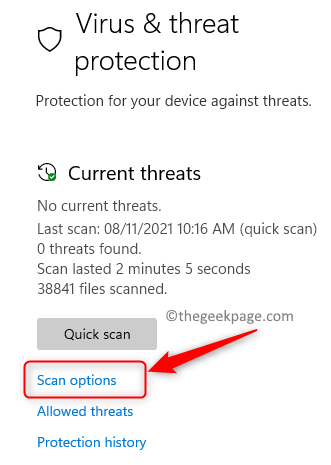 Virus threat protection scan options Min.