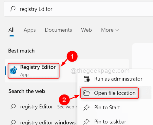Open the file location registry editor