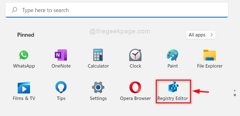 Registry editor from the start menu of pinned applications