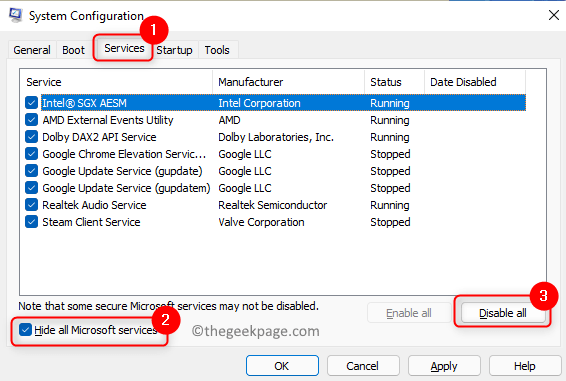 System Configuration Services Hide all Microsoft Disable all Min.