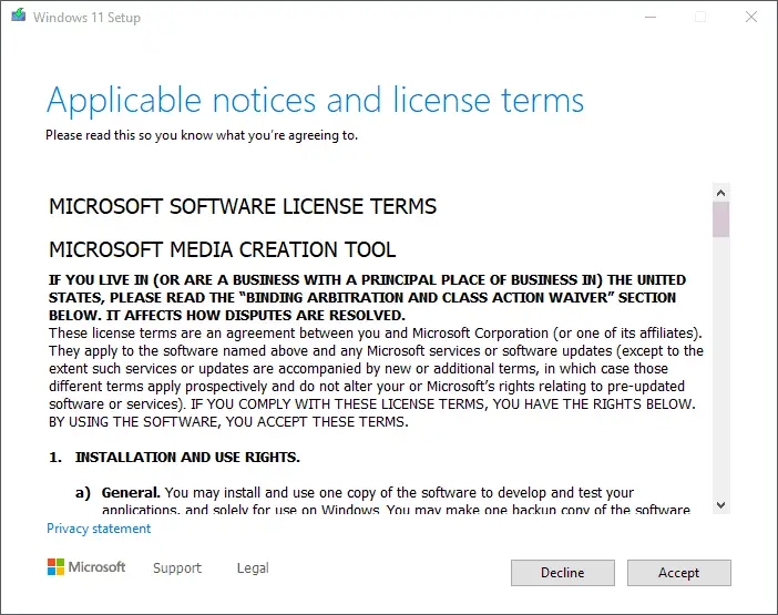 Windows 11 Media Creation Tool license terms